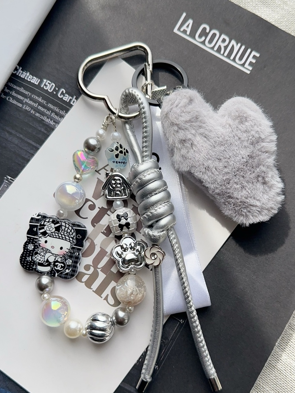 Authentic CC Ribbon with Grey Plush Heart & hello Kitty Charm - Picture 2 of 3